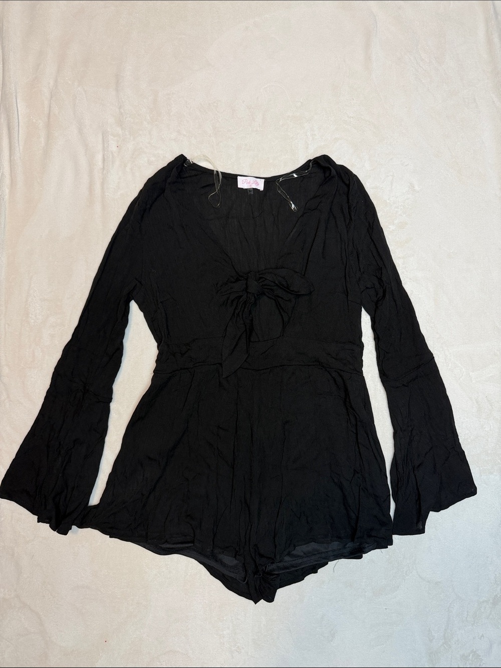 Pink Lily Black Tie Front Cut Out Romper with Bell Sleeves